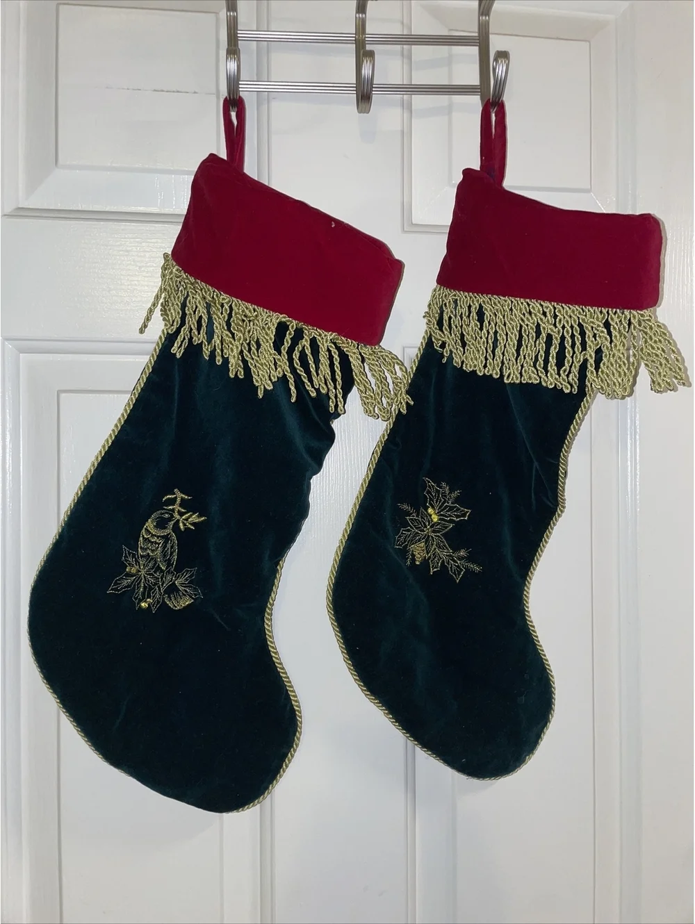 Velvet Green Christmas Stockings Gold Cord Trim Gold Stitched Bird Poinsettias